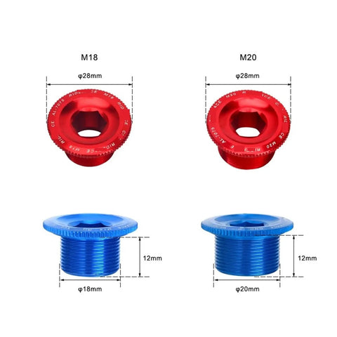 Red and blue Aluminum Alloy Crank Arm Fixing Bolt And Crankset Nut For MTB Bikes CNC Machined Screw Cap Cover M18 M20 sizes shown.