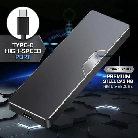 2TB Portable External SSD With USB 3.1 Dope Speed Transmission, M2 SATA Compatible solid state drive black with Type-C port shown.