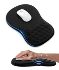 Ergonomic Mouse Pad With Wrist Rest For All Day Comfort, Slope Design Memory Foam Support, Smooth Lycra Surface, Non Slip PU Base, Ultra Comfy Mouse Mat For Office Or Home Computer Desk Black with mouse on top.