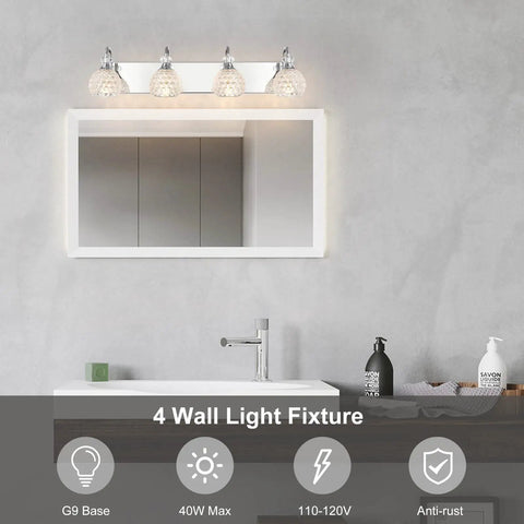Chrome Vanity Lights For Bathroom Over Mirror, Modern Crystal Orb Vanity Light Fixtures, 4 Light Bar With Jewel Crystal Shades