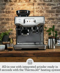 Top Shelf Automatic Espresso Machine With Built In Grinder And Smart Touchscreen For Effortless Milk Frothing Zero Hassle Latte Making In Glossy Black Truffle Finish on wooden table.