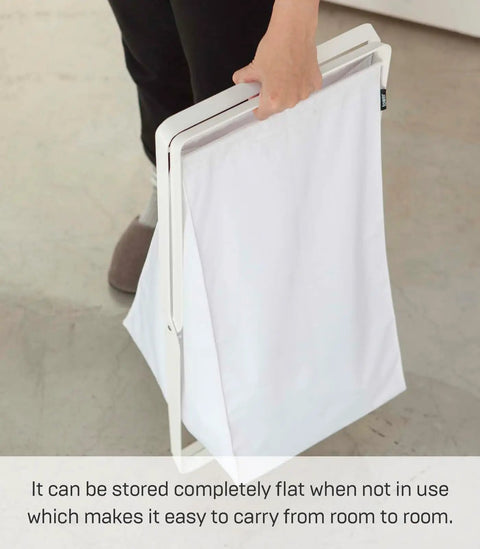 Foldable Laundry Basket With Steel Frame And Polyester Bag Portable Hamper Organizer For Home in white, easy carry folded state.
