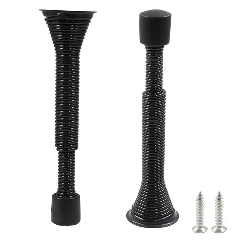 Two Pack Rock Solid Heavy Duty Spring Door Stops With Flexible Adjustable Range From Three And One Sixteenth Inches To Four And Eleven Sixteenths Inches Black Wall Mount Door Stops With Rubber Bumper