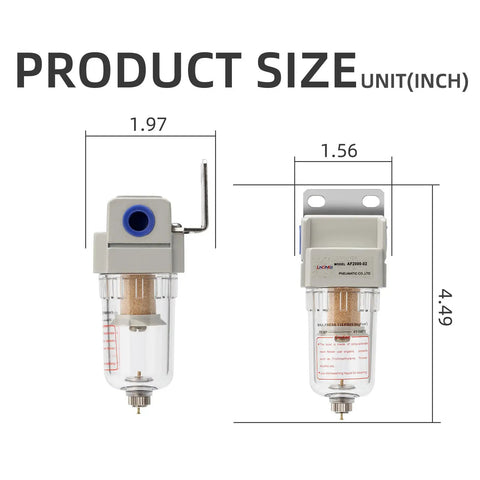 Heavy Duty Air Line Water Separator Filter 1/4 Inch NPT For Air Compressors AF2000-02 With 5 Micron Brass Element, shown with dimensions