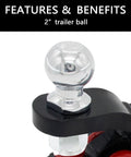 Close-up of 2-inch trailer ball on heavy duty trailer hitch ball mount with tow shackle and three quarter inch hitch pin clip.