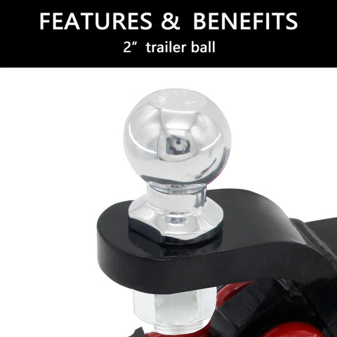 Close-up of 2-inch trailer ball on heavy duty trailer hitch ball mount with tow shackle and three quarter inch hitch pin clip.
