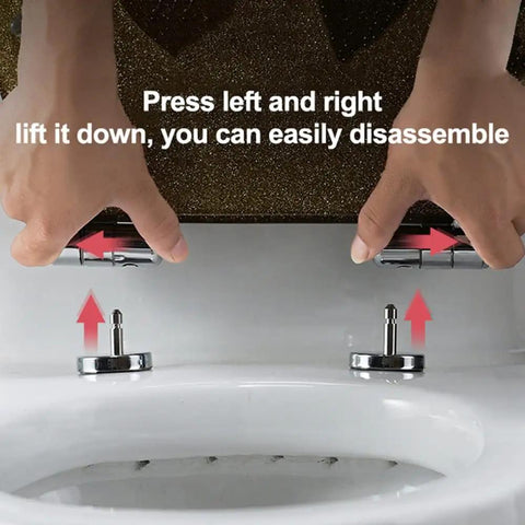 Shimmer Silver Glitter Toilet Seat With Smooth Soft Close Hinges And Quick Swap Nonslip Bumpers for easy disassembly process demonstrated.