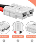 Anderson Style Battery Quick Connect Disconnect Cable For 600V 50A Systems, Heavy Duty 7AWG Wire With Tool Free Installation For Winches, Marine Equipment, Forklifts, And Other High Power Automotive Applications, PC housing with polarity marks