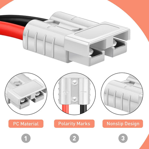 Anderson Style Battery Quick Connect Disconnect Cable For 600V 50A Systems, Heavy Duty 7AWG Wire With Tool Free Installation For Winches, Marine Equipment, Forklifts, And Other High Power Automotive Applications, PC housing with polarity marks