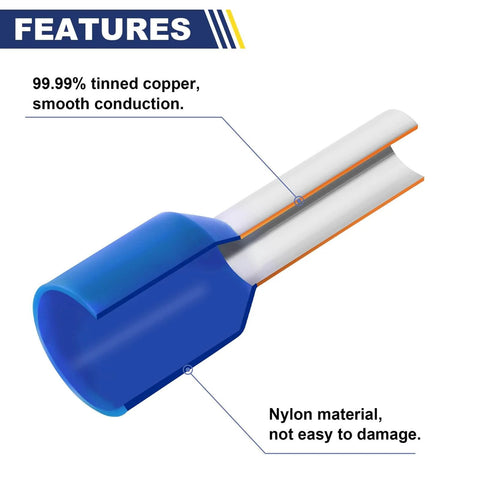 Close-up of insulated pin end from All In One Wire Ferrule Kit With 5000 Pcs Insulated Pin Ends Pro Grade 12 Sizes From AWG22 To AWG7 Tinned Copper Terminals For Easy Crimp Wiring Projects Great For Automotive DIY Projects Appliances And Control Panels, showing 99.99% tinned copper and nylon material.