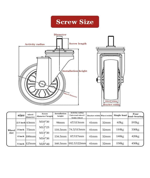 4 Inch Universal Wheel Caster With Brakes, Quiet Rolling, Heavy Duty Load Up To 140Kg, Fits M10 M12 M14 M16 M20 Screws, Brake Wheel For Machinery, Carts, Dollies, And Equipment, Easy Glide For Heavy Goods
