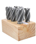 Six-piece Accusize HSS end mills set in wooden block; 3/4 in shank, 4- and 6-flute, diameters 3/4–1-1/2 in.