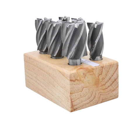 Six-piece Accusize HSS end mills set in wooden block; 3/4 in shank, 4- and 6-flute, diameters 3/4–1-1/2 in.
