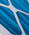 Close-up of Six Pack 1-Inch Pleated Air Filters, Actual Size 15.5 X 19.5 X 0.75, highlighting blue synthetic pleated media.