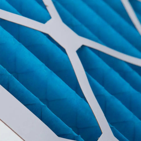 Close-up of Six Pack 1-Inch Pleated Air Filters, Actual Size 15.5 X 19.5 X 0.75, highlighting blue synthetic pleated media.