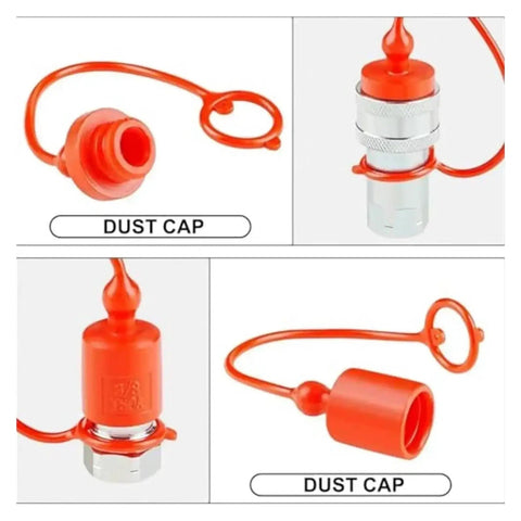 Unlock The Full Potential With These Two Sets Of Heavy Duty Hydraulic Quick Connect Couplers Covering 1/4 3/8 And 1/2 Inch Npt Sizes With Dust Safety Caps To Keep Debris Out Secure And Stable Fits For Pump Tractor Systems Easy Snap Install Saves Cash For. red hydraulic quick connect dust caps with tether and metal coupler