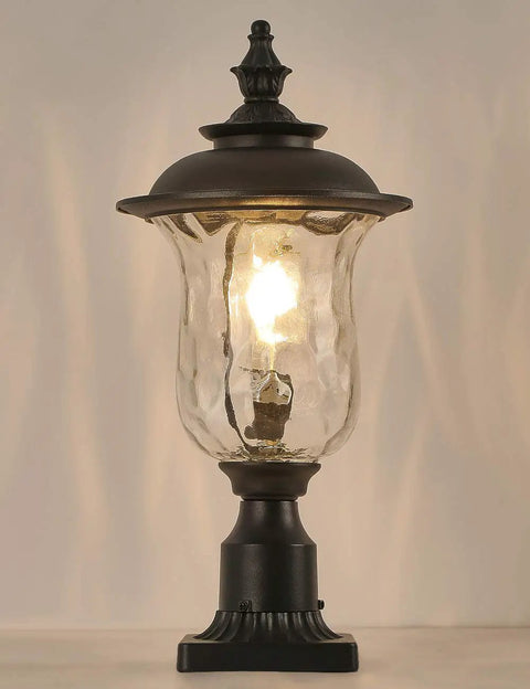 Outdoor Post Light With E26 Socket, 3-Inch Pier Mount, Waterproof Black Lantern With Water Glass Shade For Patio Garden Porch And Backyard, Vintage Retro Exterior Lantern Delivers Warm Welcome Light For Pathway