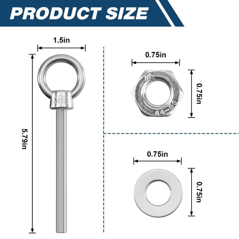 Diagram showing dimensions of Metric M10 Eye Bolts 5 Pack Heavy Duty Stainless Steel 3/8 In By 4 In Long Welded Extension