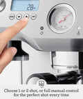 Dual Boiler Espresso Machine in Brushed Stainless Steel Featuring 58mm Commercial Portafilter and Precision Temp Control for Killer Shots and Legit Barista Quality Coffee at Home control panel with LCD and button adjustments.