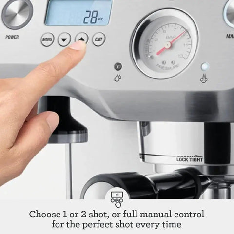 Dual Boiler Espresso Machine in Brushed Stainless Steel Featuring 58mm Commercial Portafilter and Precision Temp Control for Killer Shots and Legit Barista Quality Coffee at Home control panel with LCD and button adjustments.