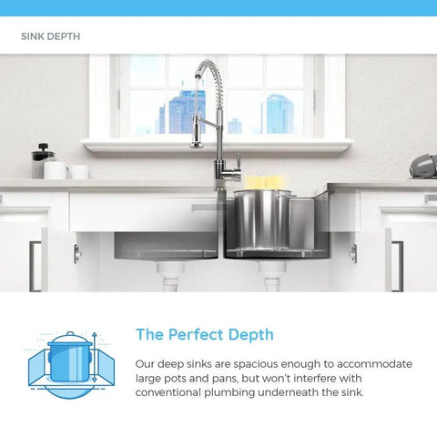 Cutaway of Topmount Single Bowl Kitchen Sink With Three Quarter Inch Radius, 18 Gauge Stainless Steel, showing depth and plumbing.