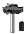 Beefy Spoilboard Surfacing Router Bit For CNC With One Quarter Inch Shank And One Inch Cutting Diameter For Precise Slab Flattening And Planing Replaceable Carbide Insert Blade 3 Flute Design For T Slotting Grooving And Woodworking, front view showing 1/4-inch shank and carbide blade.