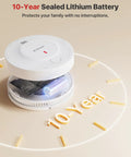 No Sweat Ten Year Battery Photoelectric Smoke Detector With Cooking Fume Blocker And Tough Build Etl Certified Home Safety Alarm For Bedrooms And Den Areas Rock Solid Reliability Giving You Major Peace Of Mind Always showing internal battery and circuit details.