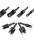 Eight Piece Wood Plug Cutter Drill Bit Set With One Quarter, Five Sixteenths, Three Eighths And One Half Inch Sizes And One Quarter Inch Hex Shank For Clean, Professional Plug Fittings In Woodworking.
