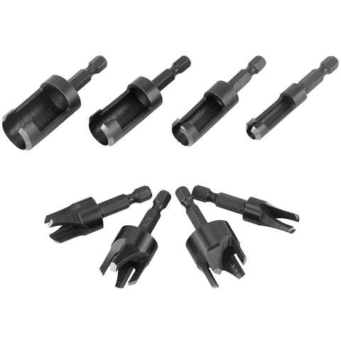 Eight Piece Wood Plug Cutter Drill Bit Set With One Quarter, Five Sixteenths, Three Eighths And One Half Inch Sizes And One Quarter Inch Hex Shank For Clean, Professional Plug Fittings In Woodworking.