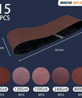 15 Piece 4x36 Inch Assorted Aluminum Oxide Sanding Belt Set Open Coat Antistatic Washable Resin Additive Grits 80 120 150 240 400