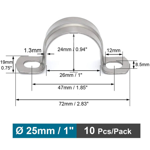 Diagram of Stainless Steel SS304 Conduit Clamp U Bracket 2 Hole Heavy Duty Pipe Clip Set of 10 for Cables and Water Pipes, Fits 1 Inch OD
