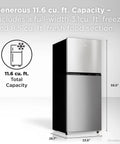 Compact Counter Depth Refrigerator With Top Freezer 11.6 Cubic Feet, Slick Silver Vibe, showing dimensions and capacity details.