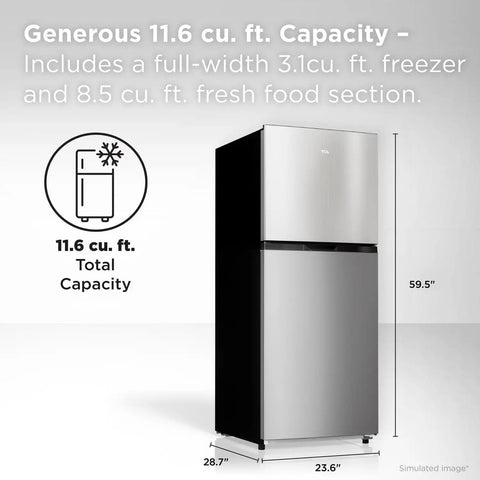 Compact Counter Depth Refrigerator With Top Freezer 11.6 Cubic Feet, Slick Silver Vibe, showing dimensions and capacity details.