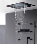 Slick Modern Brass Shower System With Adjustable Swivel Arm And Clear Led Water Temp Display showcasing rainfall shower head and wall unit.