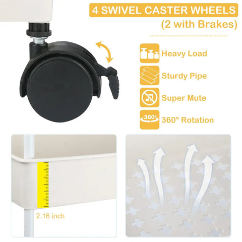 Detail of swivel caster wheels on Beige Diaper Caddy Organizer With Movable Cart For Changing Table And Crib, Easy To Assemble Plastic Storage Caddy