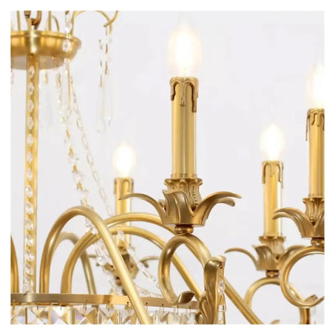 Close-up of Retro Brass Pendant Light, Villa Living Room Luxury Decorative Chandelier with gold finish and LED candle lamps.