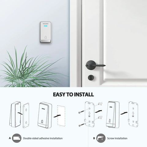 Wireless Doorbell Kit With Plug Through Design IP66 Waterproof 1300 Feet Range installation guide illustration on wall