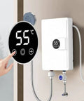 Wall Mounted Tankless Electric Water Heater Delivers Killer Hot Shower Flow With 5500 Watt Output Plus Drip Free Safety Guard, digital temperature display.