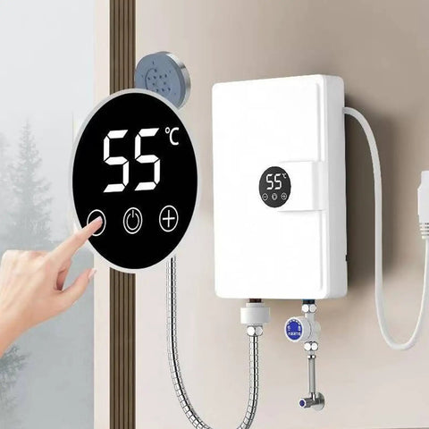 Wall Mounted Tankless Electric Water Heater Delivers Killer Hot Shower Flow With 5500 Watt Output Plus Drip Free Safety Guard, digital temperature display.