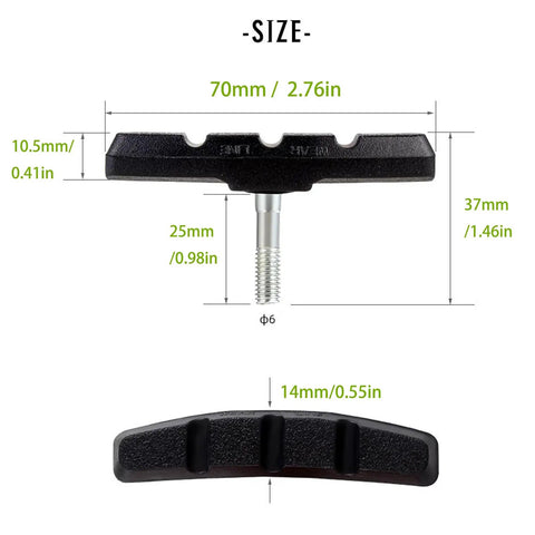 70mm V Brake Pads for Mountain Bikes Two Pairs With Hex Nuts And Spacers Noiseless Braking Blocks dimensions detailed view