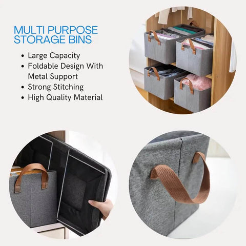 Foldable Storage Bins With Metal Frame Set Of 2 shown in closet and close-up, highlighting fabric, durability, and handles.
