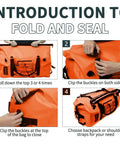 80L Dry Bag Waterproof Roll Top Go To Adventure Ready Duffel in orange showing fold and seal steps with heavy duty straps