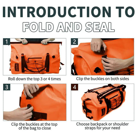 80L Dry Bag Waterproof Roll Top Go To Adventure Ready Duffel in orange showing fold and seal steps with heavy duty straps