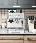 Top Shelf Home Espresso Machine With Built In Conical Burr Grinder 15 Bar Pump Dual PID Temp Control and Auto Milk Frother 85 Oz Tank on countertop