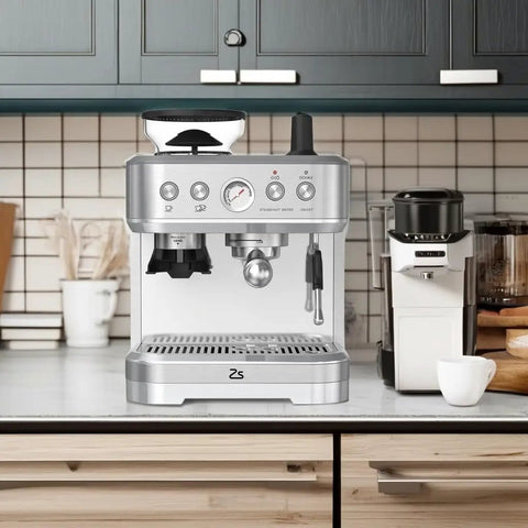 Top Shelf Home Espresso Machine With Built In Conical Burr Grinder 15 Bar Pump Dual PID Temp Control and Auto Milk Frother 85 Oz Tank on countertop