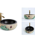 Retro Chinese Ceramic Bathroom Sink And Above Counter Wash Basin With Faucet Mirror Cabinet Four Piece Vanity Set Lotus Design showing lotus design basin with brass faucet.