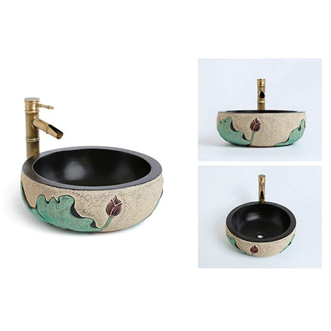 Retro Chinese Ceramic Bathroom Sink And Above Counter Wash Basin With Faucet Mirror Cabinet Four Piece Vanity Set Lotus Design showing lotus design basin with brass faucet.