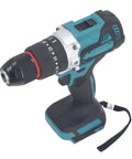 Premium Cordless Drill With Two Variable Speeds And Twenty Three Torque Clutch Modes Featuring A Half Inch Keyless Chuck, side view showing drill chuck.