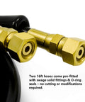Close-up of two brass hydraulic hose fittings with threaded ends for Seastar outboard steering.