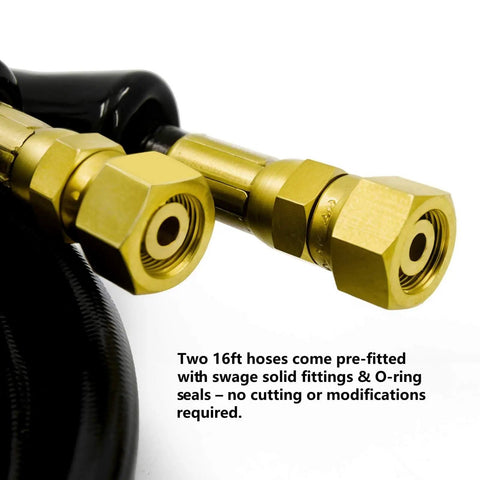 Close-up of pre-fitted swage fittings on Hydraulic Steering Hose Kit 16 Feet For Outboard Boats, Compatible With Seastar Solutions Teleflex Hydraulic